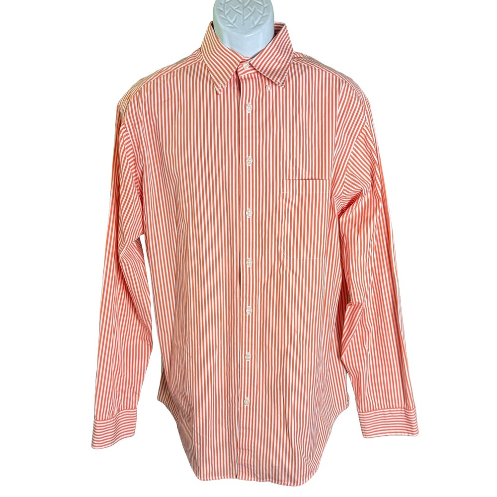 Roundtree & Yorke Button Down Shirt Mens LT Orange White Striped Long Sleeve
